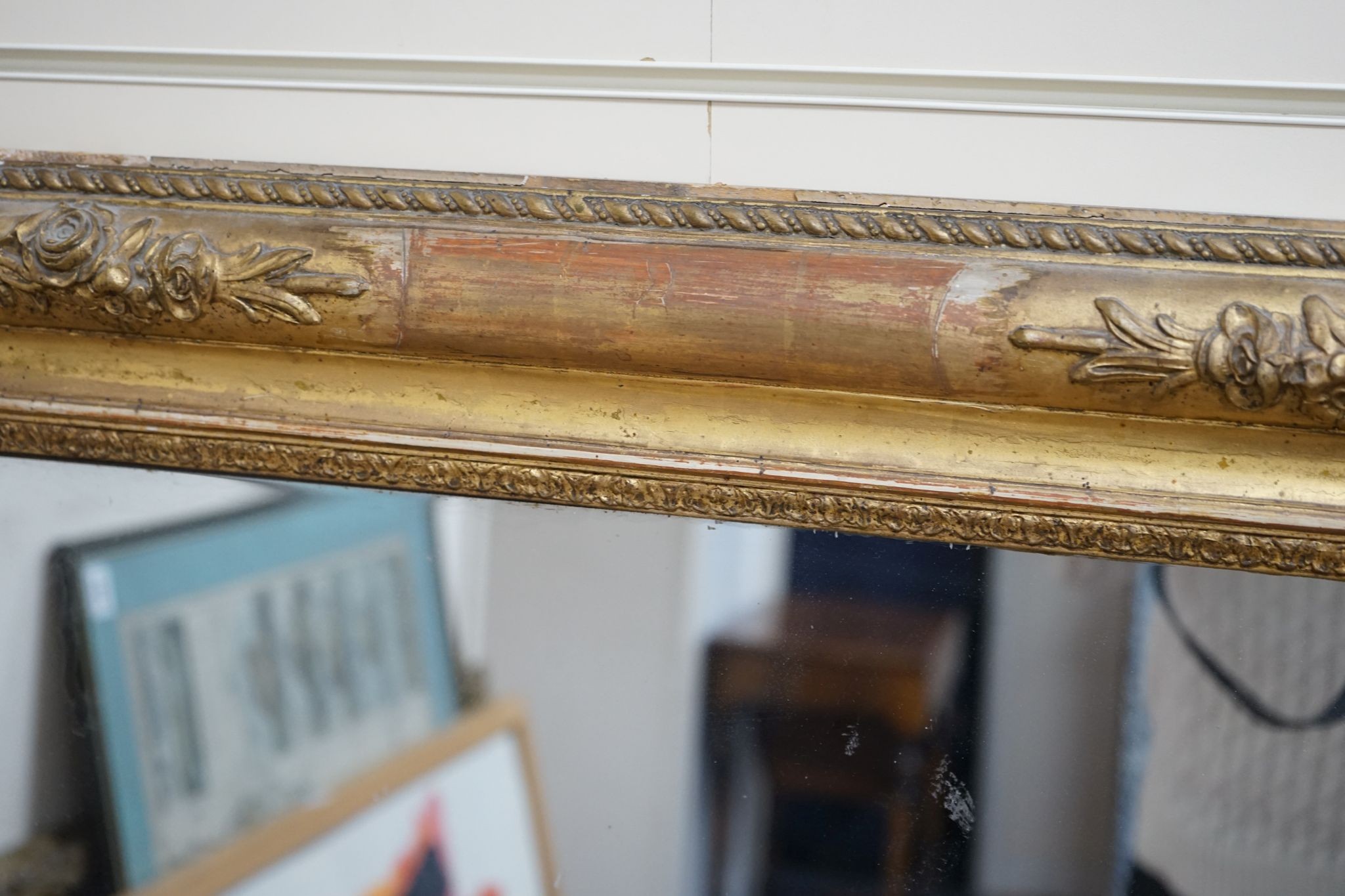 A 19th century French giltwood and gesso overmantel mirror, width 87cm, height 142cm